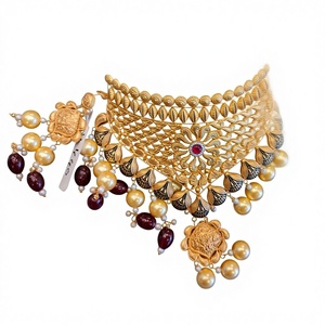 22K Solid Gold Bridal Choker <b>Necklace</b> Set with <b>Ruby</b> Centerpiece Cascading Gold Pearls and Maroon Gemstone Drops for Women - Product Image 1