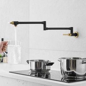 Rubinetto da cucina a parete pieghevole in ottone nero e oro, miscelatore singolo retrattile per lavello - Product Image 5