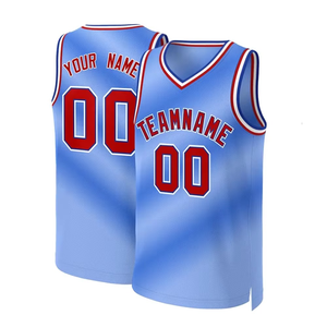 Maillot de basket personnalisé bleu clair et rouge avec numéro, nom de l'équipe, col en V, sans manches, respirant, en mesh, pour adultes, unisexe - Product Image 1