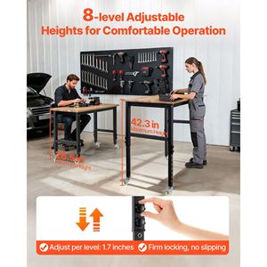 Banc de travail en bois de chêne réglable de 48 x 24 pouces, capacité de 1500 livres, réglage de la hauteur de 28,5 à 42,3 pouces, table de travail en bois massif robuste - Product Image 4