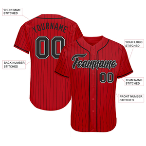 Maillot de baseball personnalisé à rayures rouges pour homme, manches courtes, boutonné, avec nom, numéro et logo d'équipe brodés, unisexe, adulte, toutes saisons - Product Image 1