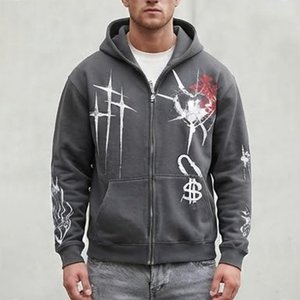 Nouveau sweat à capuche gris pour homme avec imprimé graphique blanc et rouge, style streetwear, coupe classique, en coton French Terry, pour l'automne - Product Image 1