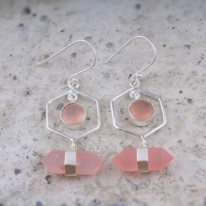Natural Rose Quartz Geometric Hexagon <b>Dangle</b> <b>Earrings</b> 925 Sterling Silver Handmade Crystal Drop <b>Earrings</b> for Women - Product Image 3