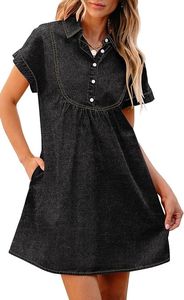 Robe chemise en jean pour femme, boutonnée, col rabattu, manches trois quarts, ceinturée, décontractée, pour tous les jours - Product Image 4