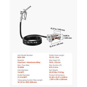 Pompa di Trasferimento Diesel in Ghisa 12V/24V DC, Kit con Erogatore Manuale da 15 GPM, Tubo di Scarico e Protezione dal Surriscaldamento - Product Image 4