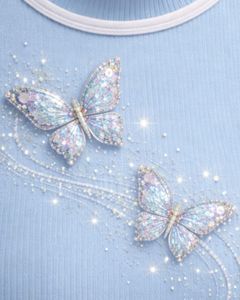 Débardeur côtelé bleu ciel personnalisé pour femme avec col montant et motif papillon en strass, sans manches, été, fabrication sur mesure - Product Image 6