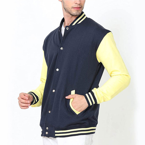 Veste de style universitaire pour homme bleu marine et jaune citron, bordure côtelée rayée, fermeture à boutons pression, mode streetwear décontractée urbaine - Product Image 3
