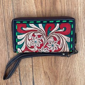 Nueva llegada de cuero tallado a mano tallado embrague muñequera Flor de Color rojo multiusos para mujer multiusos gran oferta billetera - Product Image 3