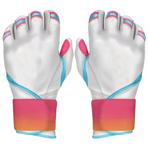 White Full Finger Batting Gloves With Red Lightning Bolt Design <b>Light</b> Blue Trim Ambidextrous <b>Pull</b> On Closure Unisex Adult - Product Image 3