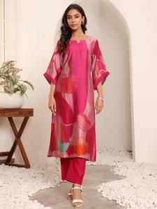 Pink Digital Printed Silk <b>Kurta</b> Set With Loose Fit Knee Length <b>Kurta</b> And Palazzo Pants For <b>Women</b> Casual Wear Summer Style - Product Image 1