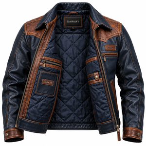 Servicio OEM ODM, Chaqueta de Cuero Vacuno Genuino Azul Marino para Hombre, Chaqueta de Motero Estilo Western Vintage de Dos Tonos Personalizada, Fabricante Mayorista - Product Image 5