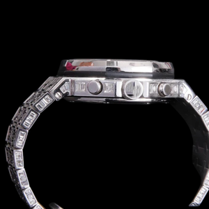 Montre de luxe pour homme, ronde, entièrement sertie de diamants Moissanite VVS, cadran blanc, bracelet argenté, cadran analogique blanc, montre-bracelet de luxe. - Product Image 6