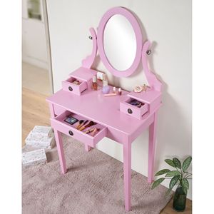 Set Elegante e Alla Moda di Tavolo da Trucco e Sgabello in Legno Rosa Moniys - Product Image 3