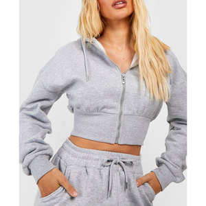 Women's Grey <b>Cropped</b> <b>Zip</b>-<b>Up</b> Hoodie Sweatshirt Full Sleeve Solid Woven Breathable Eco-Friendly Winter Front Logo - Product Image 1