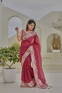 Wine <b>Red</b> Organza <b>Saree</b> Heavy Cutwork Embroidered Border Indian Ethnic Party Wear Sarees Bulk Supply - Product Image 4