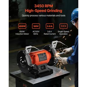 Smerigliatrice da banco industriale da 6 pollici a velocità singola con tavolo ad alta velocità 3450 RPM, motore a induzione 450W 3.8A, grana 36/60 per molatura - Product Image 2