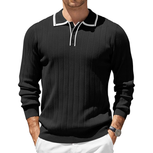 Pull en maille à manches longues pour homme, couleur unie, décontracté, automne, fermeture boutonnée, noir - Product Image 1