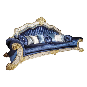 Juego de Sofás de Madera de Teca Real de Lujo para Sala de Estar, Azul Clásico Europeo, Tallado a Mano, Tapizado, Muebles Antiguos para Hotel o Villa - Product Image 4