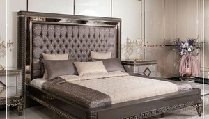 Luxury Modern Champagne Solid Teak Wood Bedroom Set King Size Bed with <b>Mirrored</b> Nightstands Grand Wardrobe and Dressing <b>Table</b> - Product Image 4