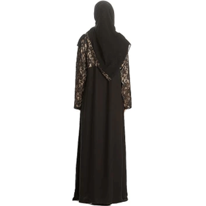 Abaya noire à manches longues et longueur ras du sol avec appliques en dentelle, robe modeste pour femme, tenue quotidienne, coupe ample, en polyester - Product Image 2