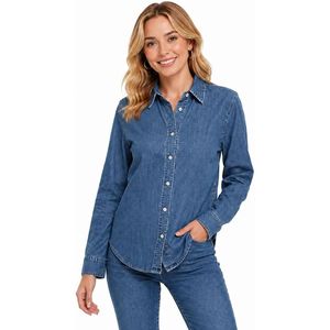 เสื้อเชิ้ตยีนส์ผู้หญิง แขนยาว คอปกคลาสสิก ทรงหลวม สีน้ำเงินกลาง - Product Image 1