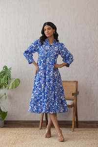 Robe midi en mousseline de soie à imprimé floral romantique avec col à volants, manches longues, coupe ample, style décontracté pour le printemps, robe élégante pour femmes - Product Image 3