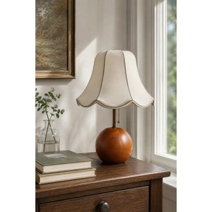 Traditional Wooden Table <b>Lamp</b> With Round Base And Beige Fabric Shade For Bedside Lighting - Product Image 5
