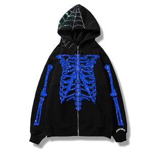 เสื้อฮู้ดซิปสไตล์สตรีทผ้าคอตตอนผสมสำหรับผู้ชาย แต่งลายปักแบบดิสเทรส ประดับด้วยคริสตัลแบบฮอตฟิกซ์ พร้อมดีเทลล้างสี - Product Image 2