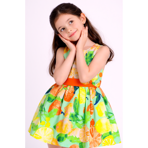 Girls Casual Cotton Woven Sleeveless Fit & Flare <b>Dress</b> in Citrus <b>Lemon</b> Print-Green - Product Image 3