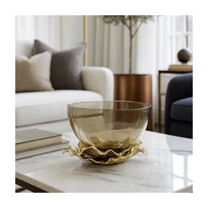 Glass Bowl With Leaf Base Design Decorative Bowl Perfect For Used As A Centerpiece On Coffee <b>Tables</b> Dining <b>Tables</b> Or Side <b>Tables</b> - Product Image 3