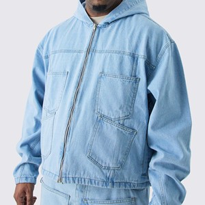 Sweat-shirts à capuche pour hommes de haute qualité, effet délavé, personnalisables, coupe oversize, entièrement zippés, en denim, avec impression de logo personnalisée pour garçons - Product Image 2