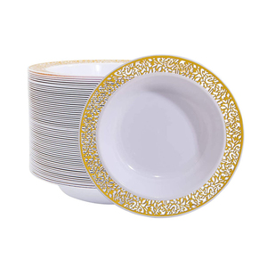 Vajilla de porcelana blanca con incrustaciones de oro, plato redondo de 9 pulgadas con borde redondeado, apto para alimentos, para restaurantes, fiestas y cenas. - Product Image 4