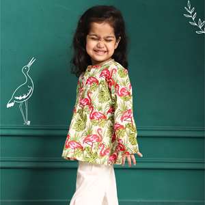 Polka Tots Swan Print Frente abierto Mangas completas Ropa de dormir Kurta pijama set-Rosa - Product Image 5