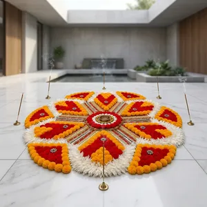 Décoration florale traditionnelle faite à la main Rangoli Rouge Jaune Blanc pour Entrée Intérieure Décoration de la maison Diwali Support au sol en fibres végétales - Product Image 3