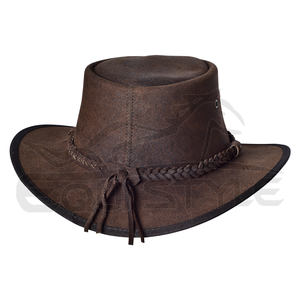 Chapeau de cowboy western marron en cuir camel de haute qualité avec bande tressée, faible MOQ, couvre-chef d'extérieur, chapeaux australiens pour hommes - Product Image 2