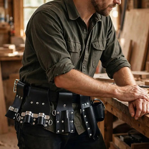 Ceinture porte-outils d'échafaudage légère et réglable en cuir véritable de haute qualité avec porte-clé durable, boucle en alliage et passant pour marteau - Product Image 4