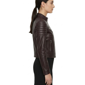 Blouson de motard en cuir pour femme, marron chocolat, coupe ajustée, style Cafe Racer, épaules matelassées, en véritable peau de mouton, service OEM personnalisé, vente en gros - Product Image 3