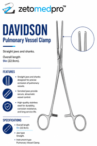 DAVIDSON Pulmonary Vessel <b>Clamp</b> Straight Jaws Shanks Length 9in 22.9cm Lung Surgery ZETOMEDPRO - Product Image 3