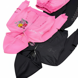 Survêtement rose et noir à capuche pour filles, manches longues, très décoré de strass, style décontracté et streetwear avec poches latérales, style automne - Product Image 5