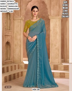 Sari/Saree Traditionnel Brodé pour Femme Noorani Edit en Chiffon Sartin Infroissable et Anti-humidité pour Mariage Hivernal - Product Image 6