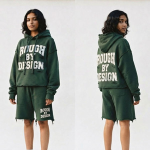 Women's Raw Edge Oversized Tracksuit Heavyweight 100% Cotton <b>Fleece</b> Printed Distressed <b>Hoodie</b> And Sweat Short Set Ladies - Product Image 5