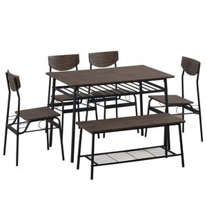Modern 6-Piece Dining Set for Home <b>Kitchen</b> Rectangular Table <b>Bench</b> <b>with</b> 4 Chairs <b>Storage</b> Racks Steel Frame Stylish Home Decor - Product Image 1