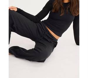 Pantalon de survêtement en molleton noir pour femme, coupe large, décontracté, avec cordon de serrage, taille mi-haute, ample, tricoté, longueur intégrale, pour la détente - Product Image 1