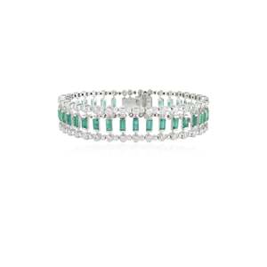 18K Yellow <b>Gold</b> Art Deco <b>Bangle</b> Bracelet with Emerald Cut Diamond and Baguette Emerald - Product Image 3