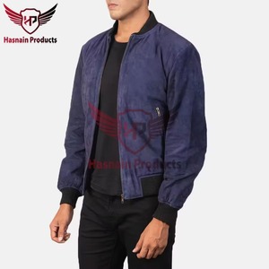 <b>Mens</b> Real <b>Suede</b> Leather Bomber <b>Jacket</b> Blue Ribbed Collar Zip Pockets Sheepskin Navy Casual Coat Custom Vintage Winter Outerwear - Product Image 2