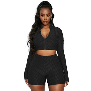 Ensemble de yoga froncé 2 pièces, col en V profond, manches longues, short taille haute, fermeture éclair, sans couture, en Spandex et Polyester, extensible dans les quatre sens - Product Image 3