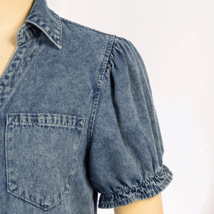 Camisa vaquera corta de moda para mujer de talla grande con estampado a cuadros rasgado, camisa vaquera transpirable de manga corta para mujer - Product Image 3