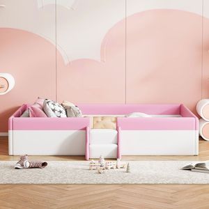 Letto a giorno imbottito per bambini, misura Twin, con recinzione e scale, colore rosa e bianco - Product Image 3