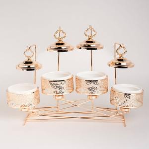 Luxury 4 Pot Rose Gold <b>Chafing</b> <b>Dish</b> <b>Set</b> Round <b>Buffet</b> Food Warmer With Hanging Lids and Laser Cut Stand for Wedding Party Decor - Product Image 1