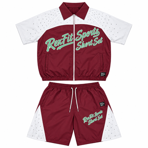 Streetwear Breathable Lightweight Nylon Short Set Teal <b>White</b> Colorblock Zip <b>Top</b> Drawstring Shorts Unisex Custom Logo Two Piece - Product Image 3